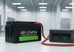 Industrial 48V LiFePO4 battery charger connected to a lithium pack showing real-time voltage on a digital display.