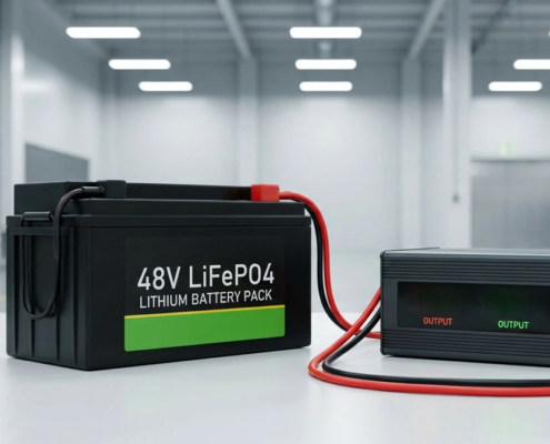 Industrial 48V LiFePO4 battery charger connected to a lithium pack showing real-time voltage on a digital display.