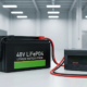 Industrial 48V LiFePO4 battery charger connected to a lithium pack showing real-time voltage on a digital display.