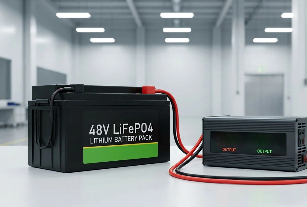 Industrial 48V LiFePO4 battery charger connected to a lithium pack showing real-time voltage on a digital display.