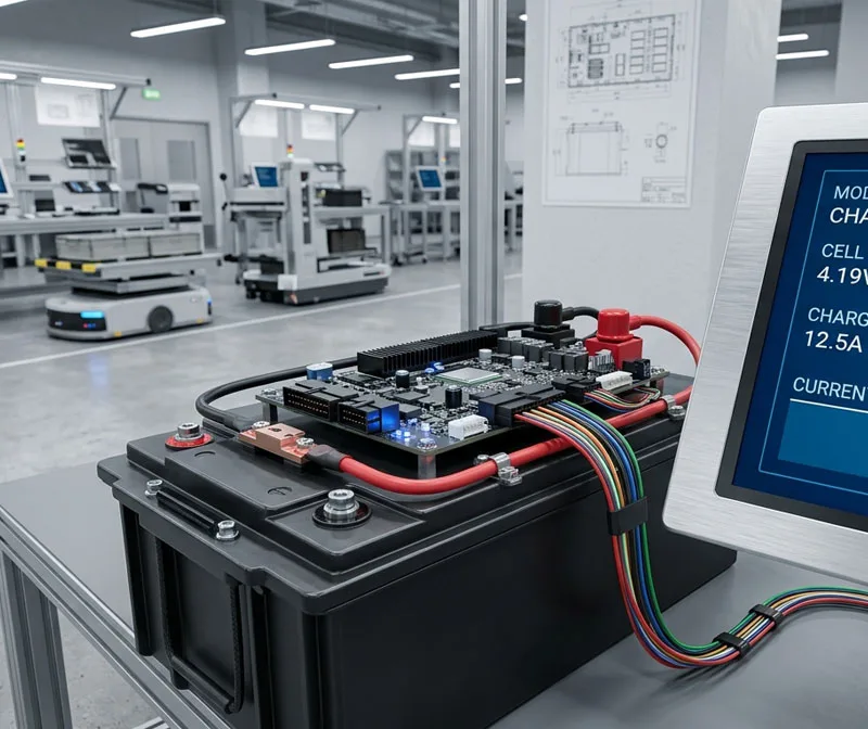 Digital display monitoring lithium battery charging time and automatic BMS cutoff during initial charging cycle.