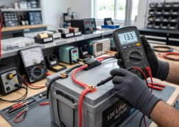 Technician measuring open-circuit resting voltage of a 12V LiFePO4 battery using a multimeter.