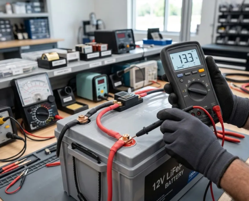 Technician measuring open-circuit resting voltage of a 12V LiFePO4 battery using a multimeter.