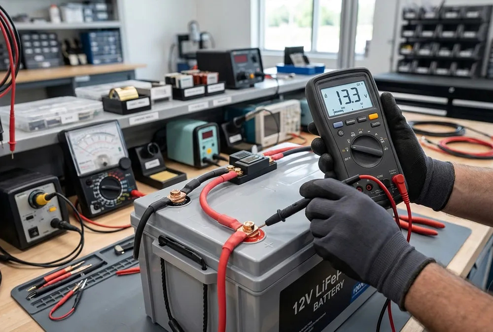Technician measuring open-circuit resting voltage of a 12V LiFePO4 battery using a multimeter.