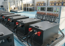 Heavy-duty commercial 48v lithium ion battery packs with matte black metal enclosures and smart status screens for industrial fleets.