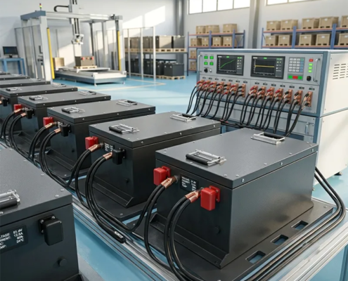 Heavy-duty commercial 48v lithium ion battery packs with matte black metal enclosures and smart status screens for industrial fleets.