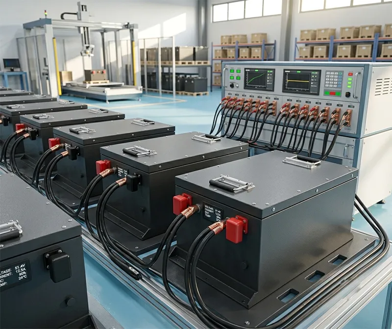 Heavy-duty commercial 48v lithium ion battery packs with matte black metal enclosures and smart status screens for industrial fleets.