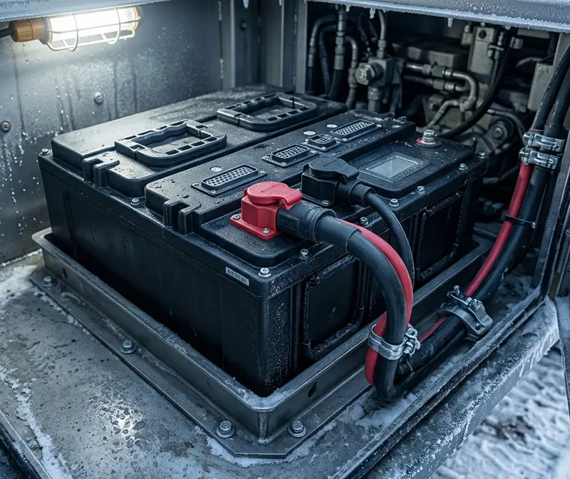 Self-heating LiFePO4 battery pack charging safely outdoors during winter with low temperature protection.