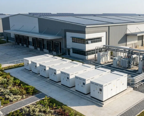 Outdoor BESS cabinets and rooftop solar arrays demonstrating the financial benefits of solar battery storage for an industrial facility.
