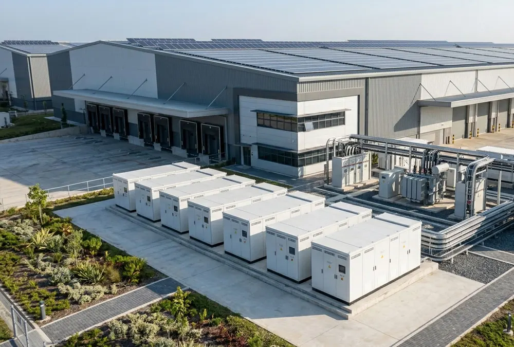 Outdoor BESS cabinets and rooftop solar arrays demonstrating the financial benefits of solar battery storage for an industrial facility.