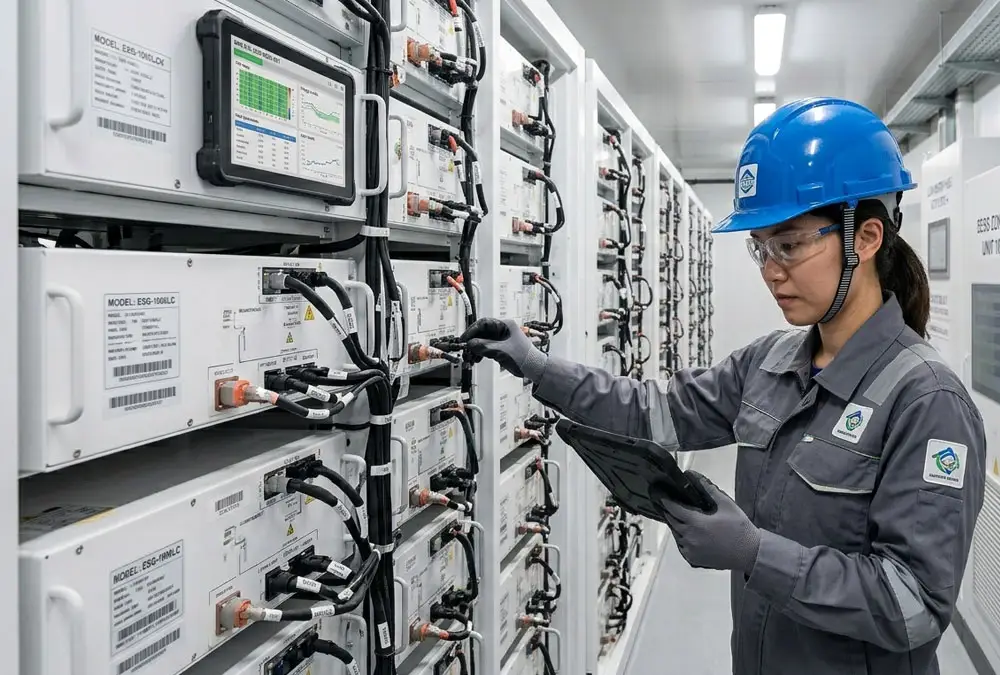 A technician inspecting an advanced battery management system to lower battery energy storage system fire risk.
