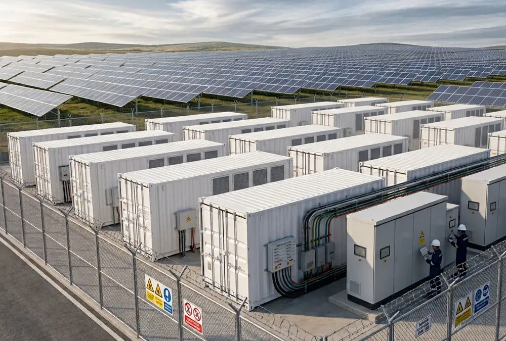 Container battery storage for solar power plants positioned next to step-up transformers within a secure grid substation enclosure.