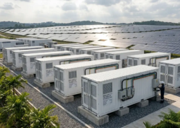An elevated diagonal photograph showcasing a containerized BESS for solar farms integrated with extensive PV arrays and grid connections under a dramatic sky.