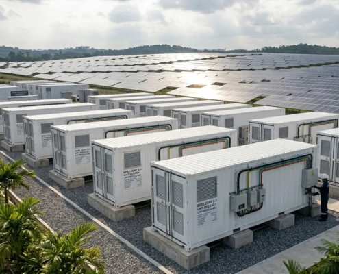 An elevated diagonal photograph showcasing a containerized BESS for solar farms integrated with extensive PV arrays and grid connections under a dramatic sky.