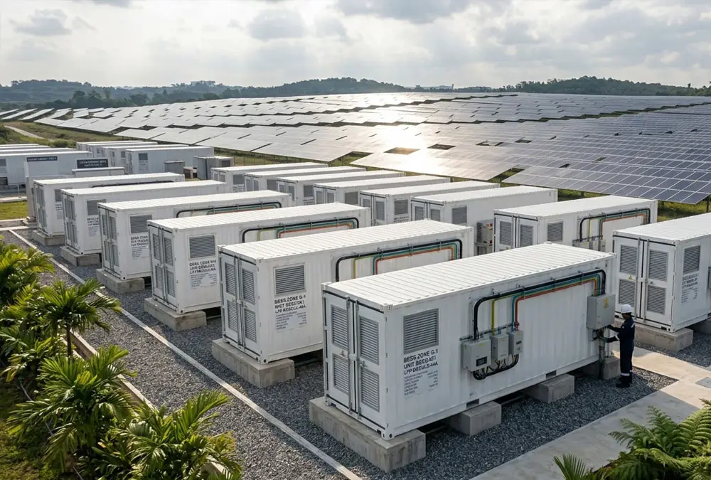 An elevated diagonal photograph showcasing a containerized BESS for solar farms integrated with extensive PV arrays and grid connections under a dramatic sky.