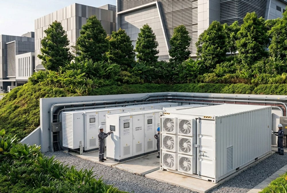 Industrial energy storage safety standards implemented with natural tree landscaping screening to address community concerns.