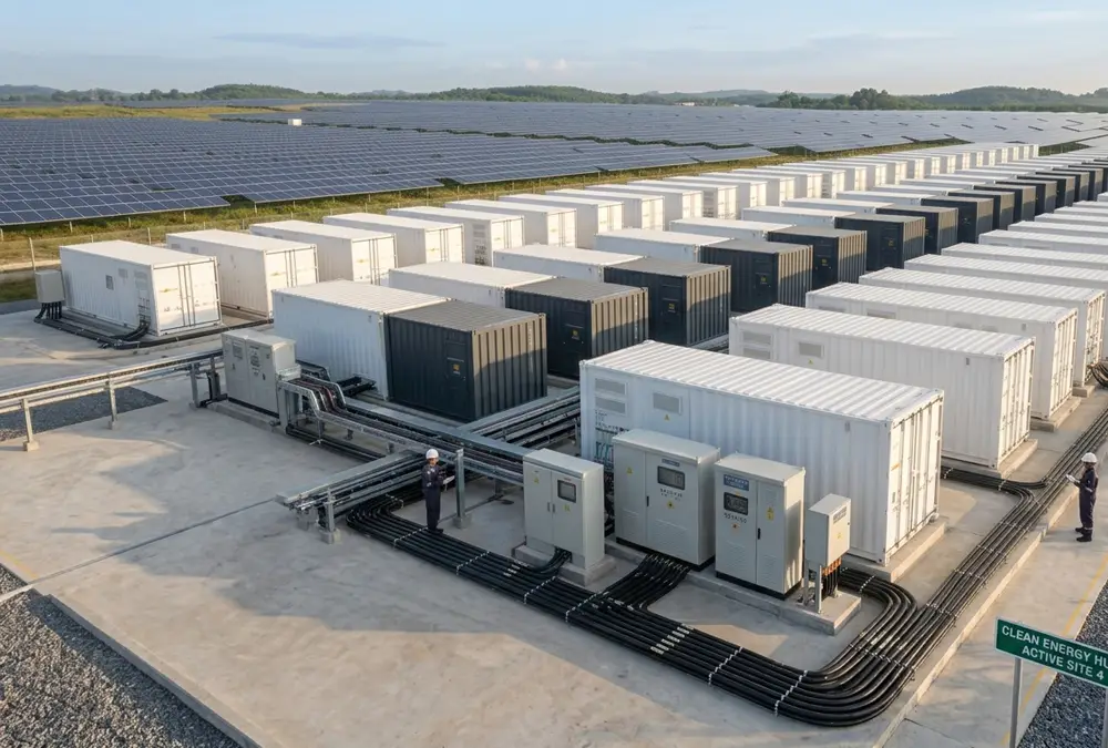A conceptual industrial banner featuring a modern commercial battery storage system installed near an electrical grid infrastructure.