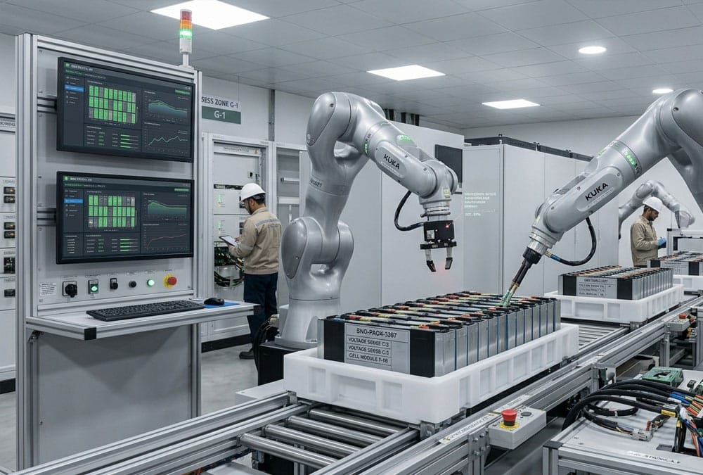A top-tier lifepo4 battery manufacturer performing automated factory acceptance testing to ensure reliable containerized battery storage quality.