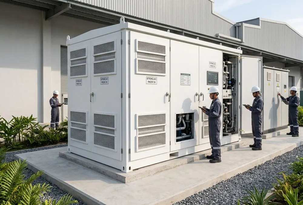 An outdoor liquid-cooling battery energy storage unit for industrial and commercial solar applications.