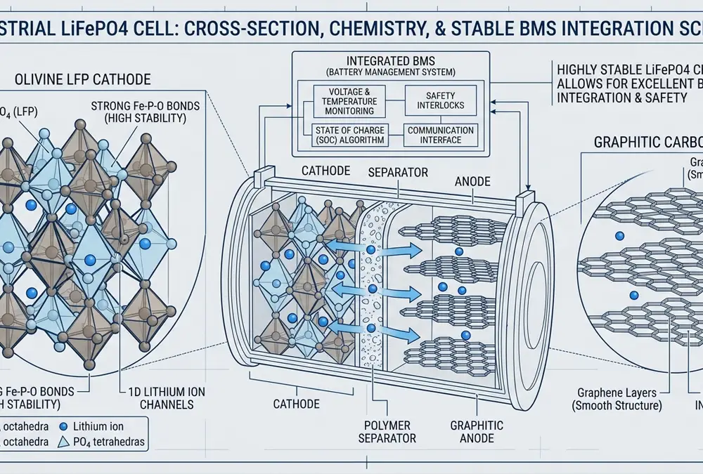 A 3D technical illustration demonstrating the internal lithium battery chemistry and cell structure of a lithium iron phosphate battery.