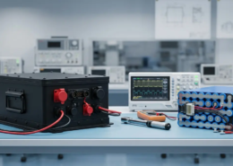 Detailed industrial comparison layout between an LFP battery pack and an NMC lithium ion energy pack on a professional engineering laboratory workbench.
