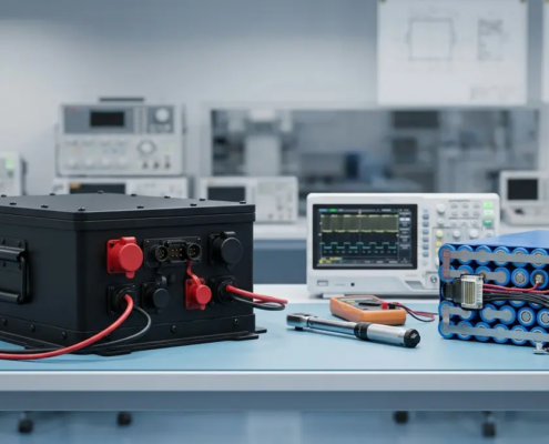 Detailed industrial comparison layout between an LFP battery pack and an NMC lithium ion energy pack on a professional engineering laboratory workbench.