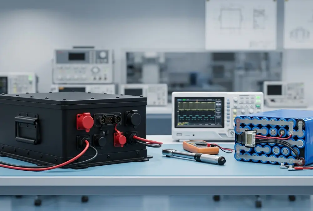 Detailed industrial comparison layout between an LFP battery pack and an NMC lithium ion energy pack on a professional engineering laboratory workbench.