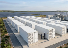 A high-density solar farm battery storage system installed next to a large-scale photovoltaic power plant.