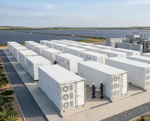 A high-density solar farm battery storage system installed next to a large-scale photovoltaic power plant.