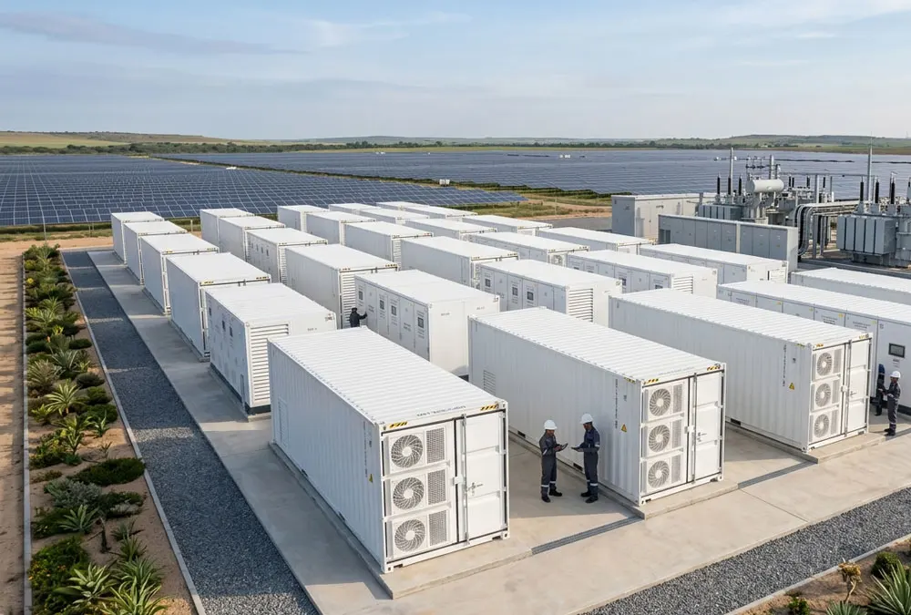 A high-density solar farm battery storage system installed next to a large-scale photovoltaic power plant.