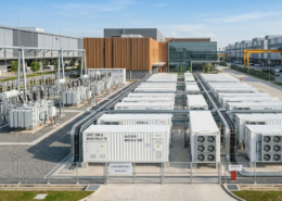 Large-scale outdoor solar farm battery storage container installation optimized for utility grid management.