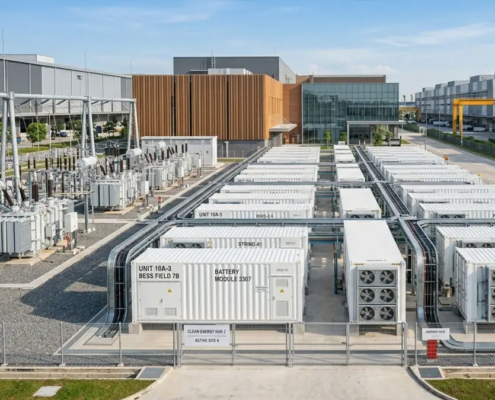 Large-scale outdoor solar farm battery storage container installation optimized for utility grid management.
