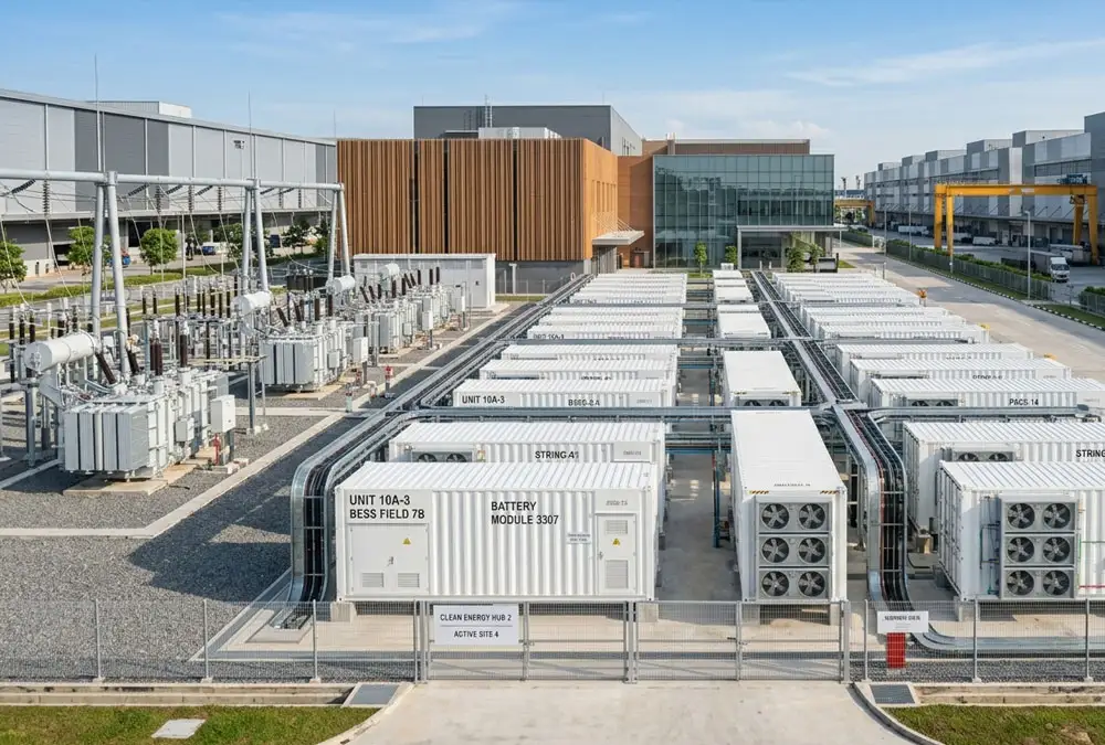 Large-scale outdoor solar farm battery storage container installation optimized for utility grid management.