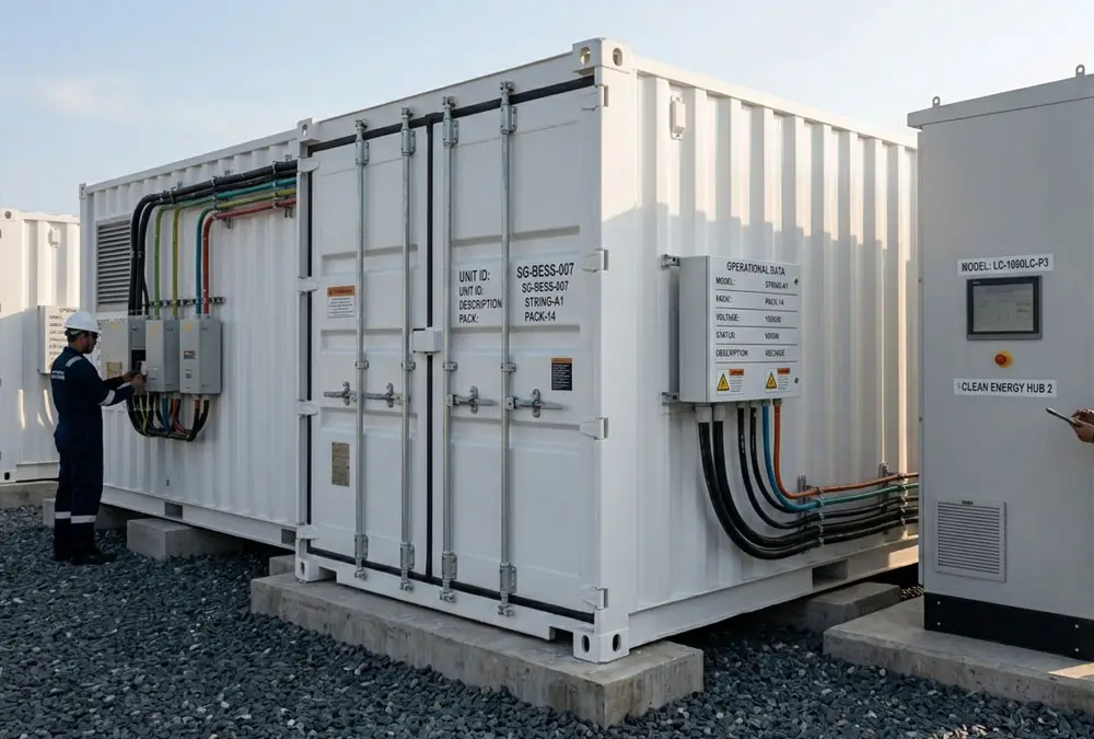 Detailed view of a utility scale containerized BESS showcasing the external power conversion system inverters and liquid cooling infrastructure.