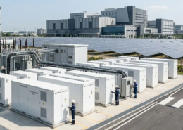 A professional banner showcasing a utility-scale battery energy storage system BESS facility with a clean layout for community safety discussion.