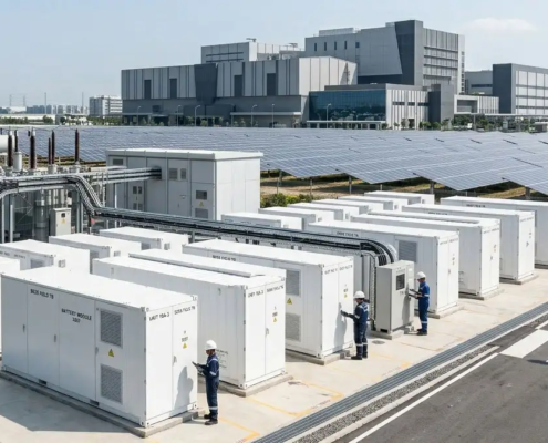 A professional banner showcasing a utility-scale battery energy storage system BESS facility with a clean layout for community safety discussion.
