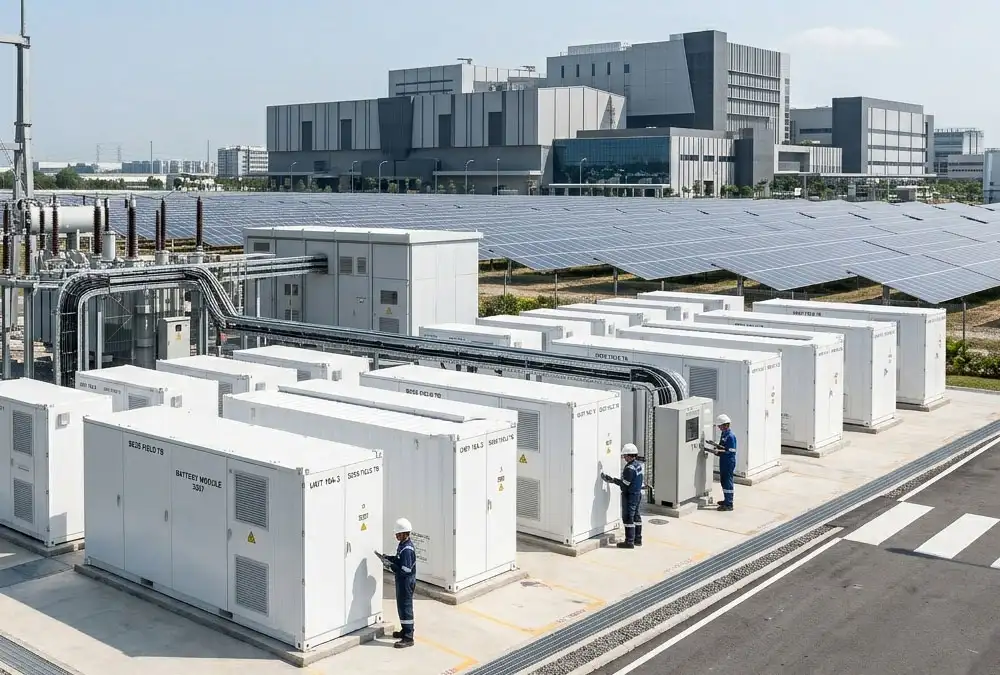 A professional banner showcasing a utility-scale battery energy storage system BESS facility with a clean layout for community safety discussion.