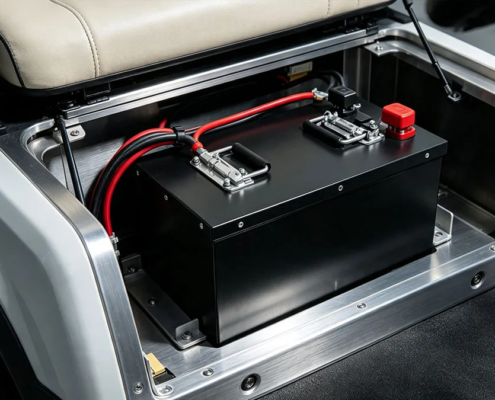 A 48v golf cart batteries pack retrofitted in the aluminum battery bay under the seat of a custom electric vehicle