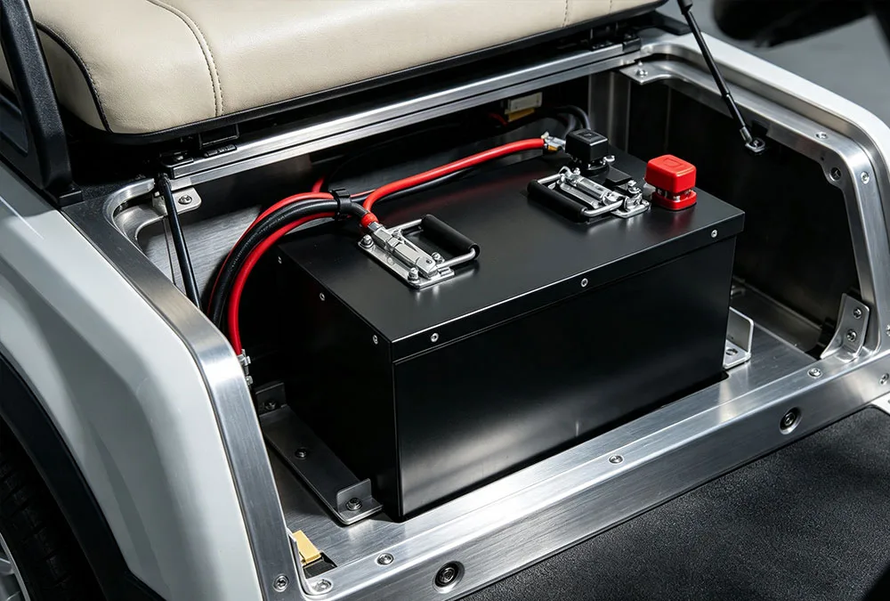 A 48v golf cart batteries pack retrofitted in the aluminum battery bay under the seat of a custom electric vehicle