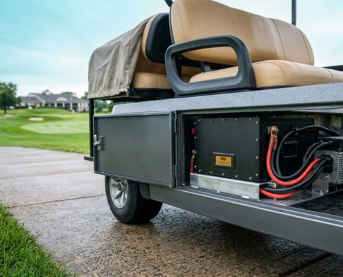 A powerful 48v 100ah lithium golf cart battery unit inside a commercial cart parked at a modern resort golf course.