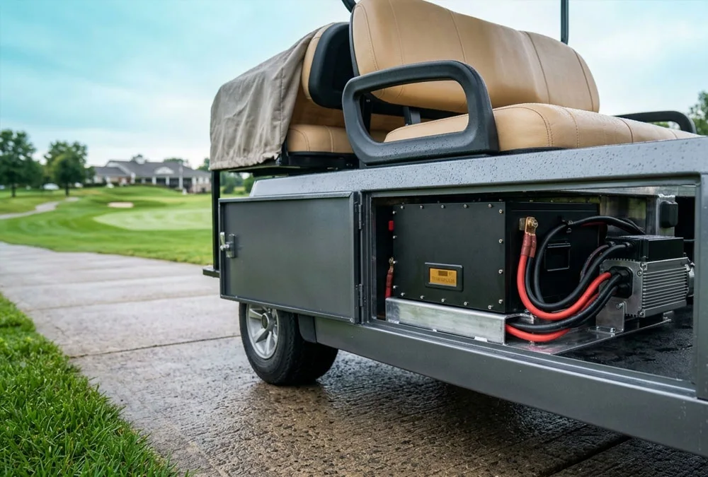 A powerful 48v 100ah lithium golf cart battery unit inside a commercial cart parked at a modern resort golf course.