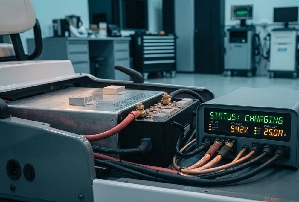 Commercial 48V LiFePO4 golf cart battery with charger unit running a rapid charging cycle on a modern workshop bench
