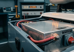 A 48v lithium golf cart battery pack installed inside the aluminum battery tray under the seat of a custom golf cart