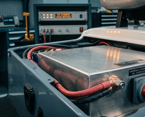A 48v lithium golf cart battery pack installed inside the aluminum battery tray under the seat of a custom golf cart