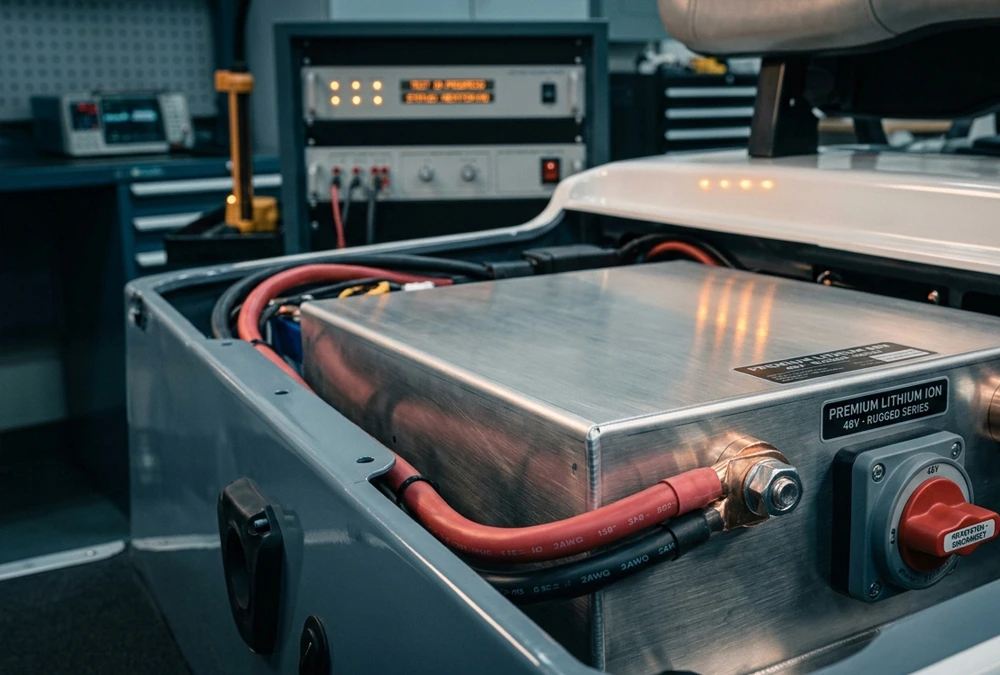 A 48v lithium golf cart battery pack installed inside the aluminum battery tray under the seat of a custom golf cart