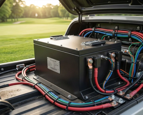 A high performance 48v lithium ion battery pack installed in a golf cart