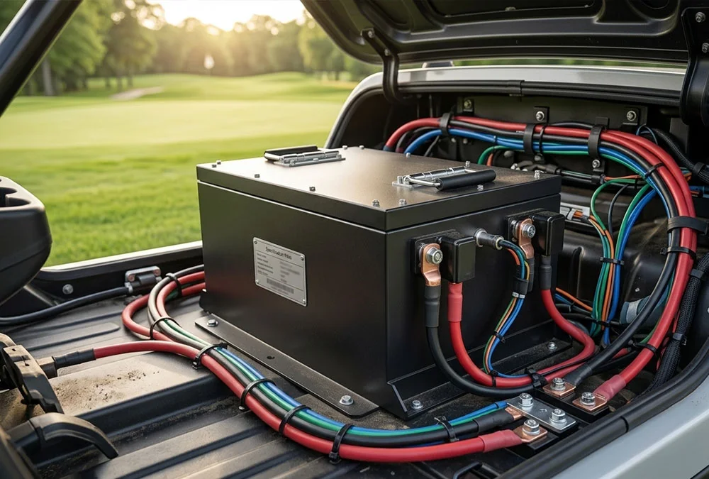 A high performance 48v lithium ion battery pack installed in a golf cart