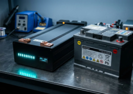 48V lithium battery module next to traditional lead acid battery showing compact design