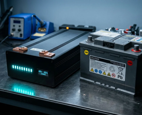48V lithium battery module next to traditional lead acid battery showing compact design