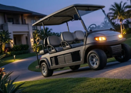 Commercial utility cart powered by a 48v golf cart battery climbing a steep paved resort pathway